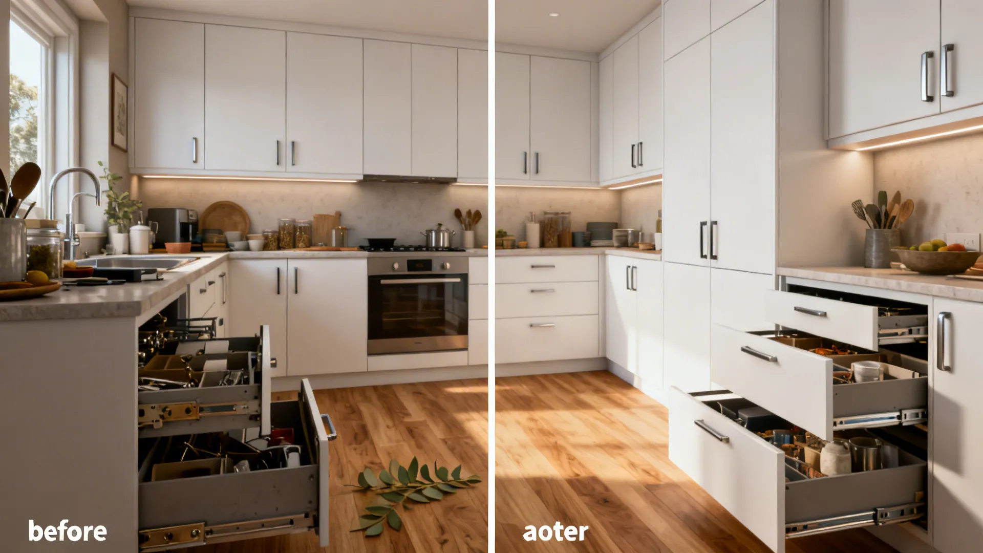 Minimalist white flat-panel cabinets with integrated pulls and organized drawers in a compact kitchen.