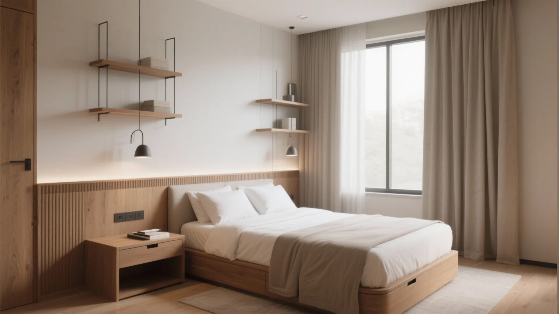 Minimalist bedroom with wooden bed white bedding wall shelves black light fixtures and beige curtains