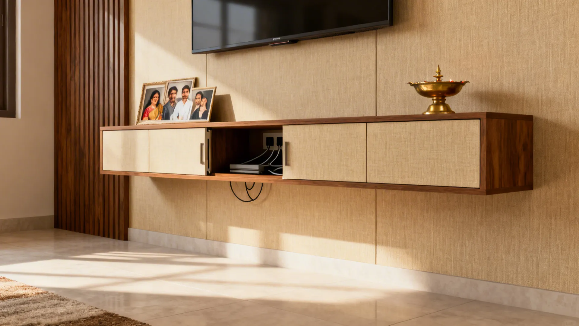 Slim wall-hung TV console with closed cabinets and a single shelf holding a brass diya and family photo.