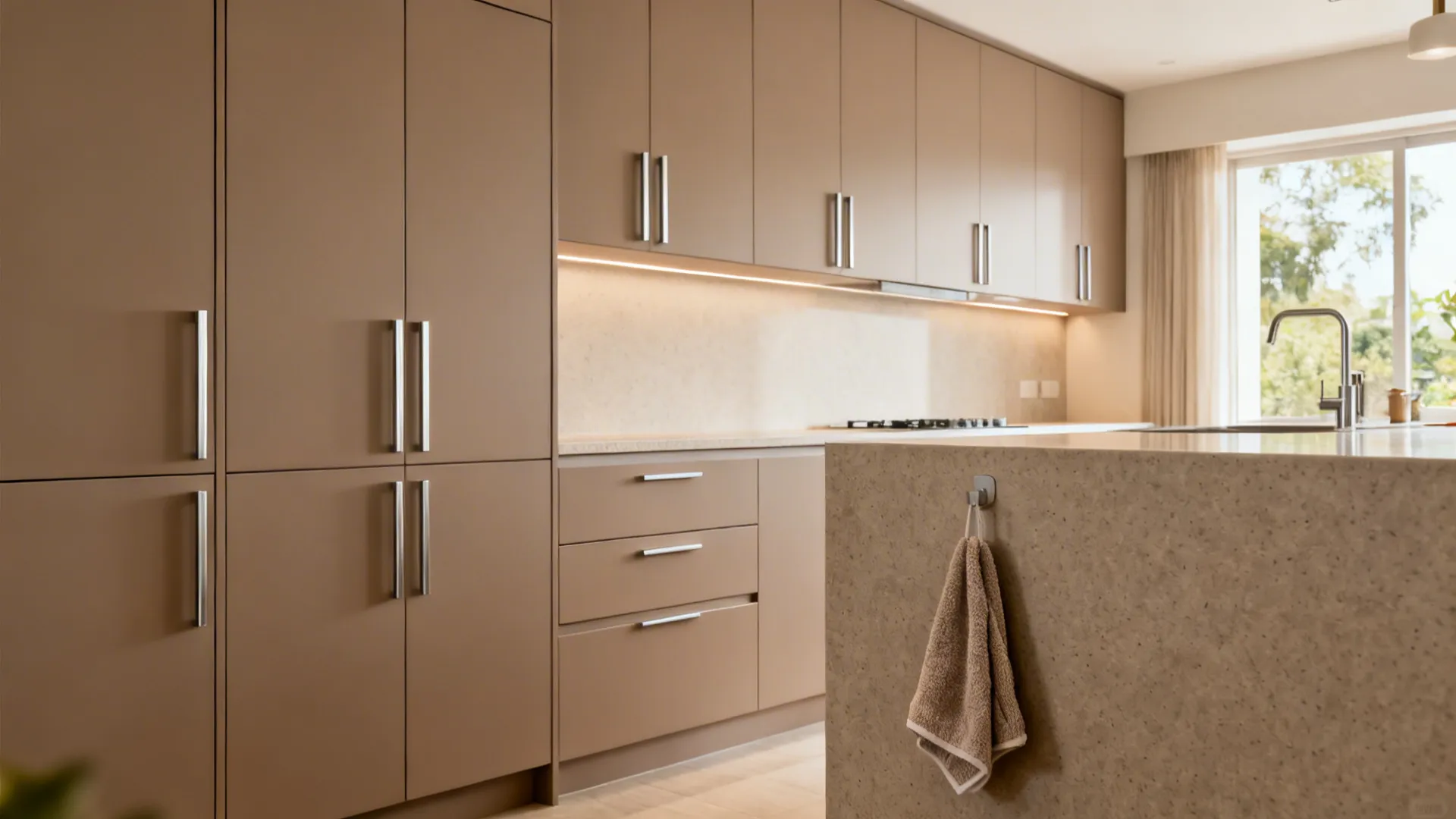 Handleless matte laminate cabinets with tall pantry create clean storage in an 8 ft galley kitchen.