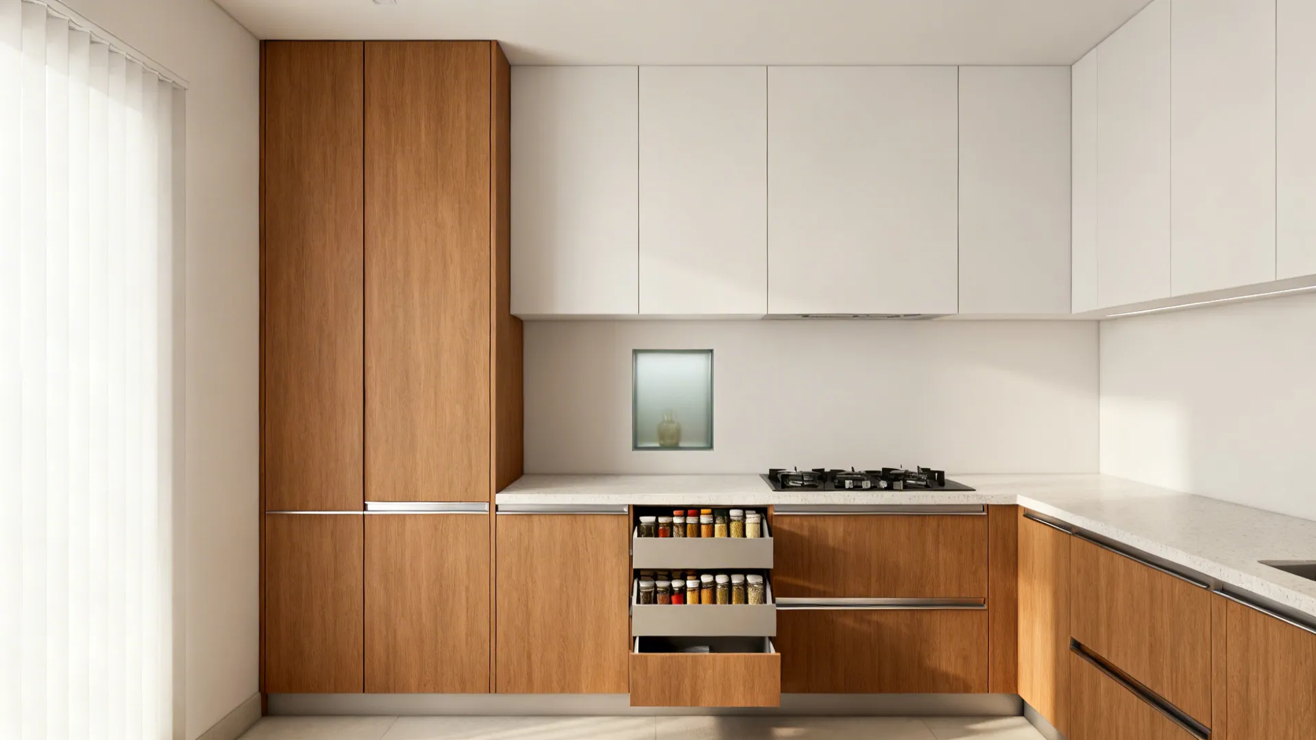 Minimalist small Indian kitchen with tall pantry, spice pull-outs, and a frosted niche.