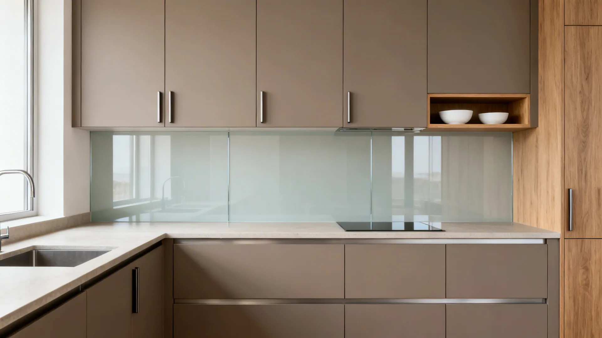 Minimalist matte flat-front cabinets with slim wall units and a single open shelf in a tiny kitchen.
