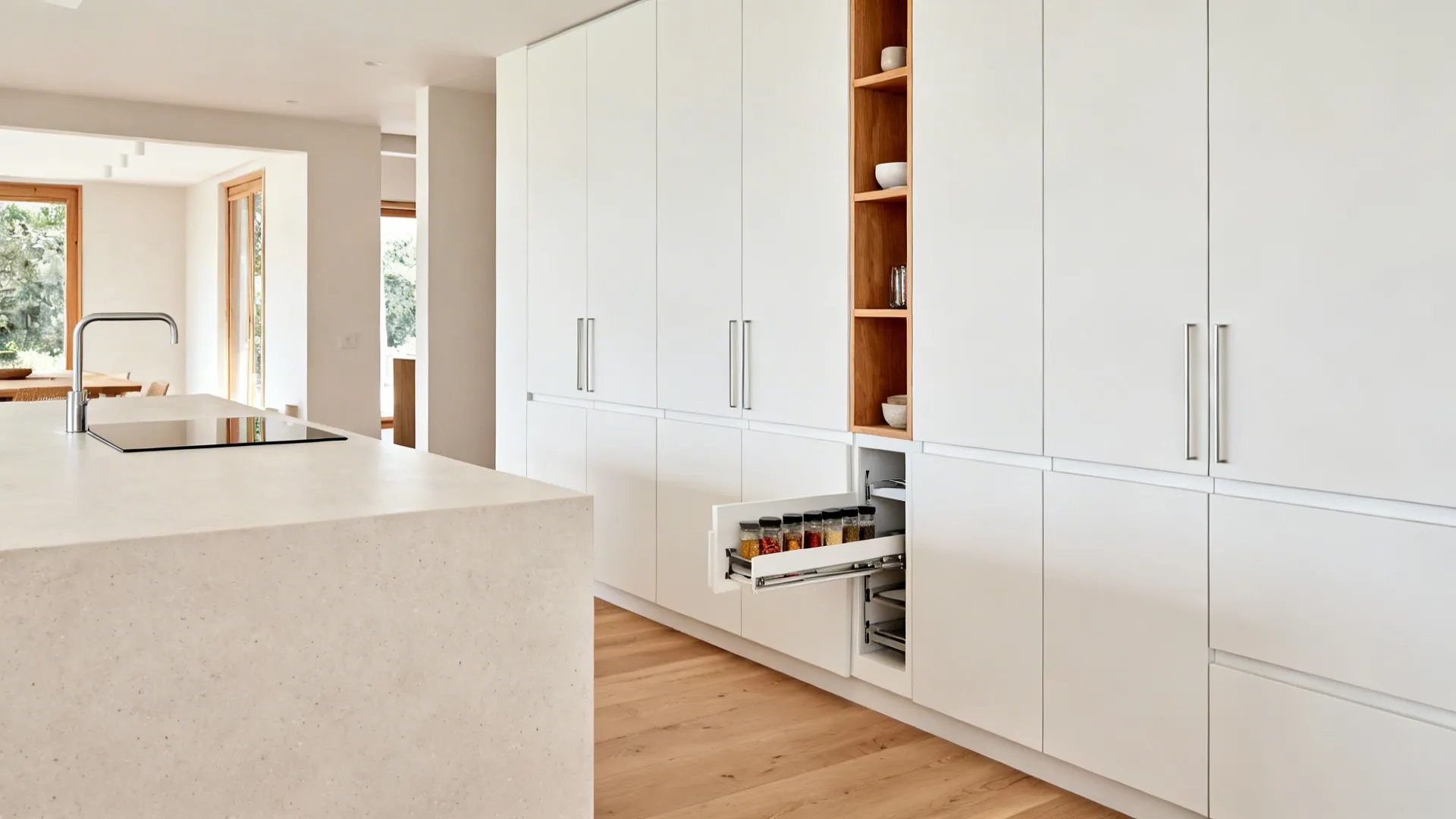 Minimalist full-height white cabinets with concealed pantry and a slim pull-out spice rack in a small condo kitchen.