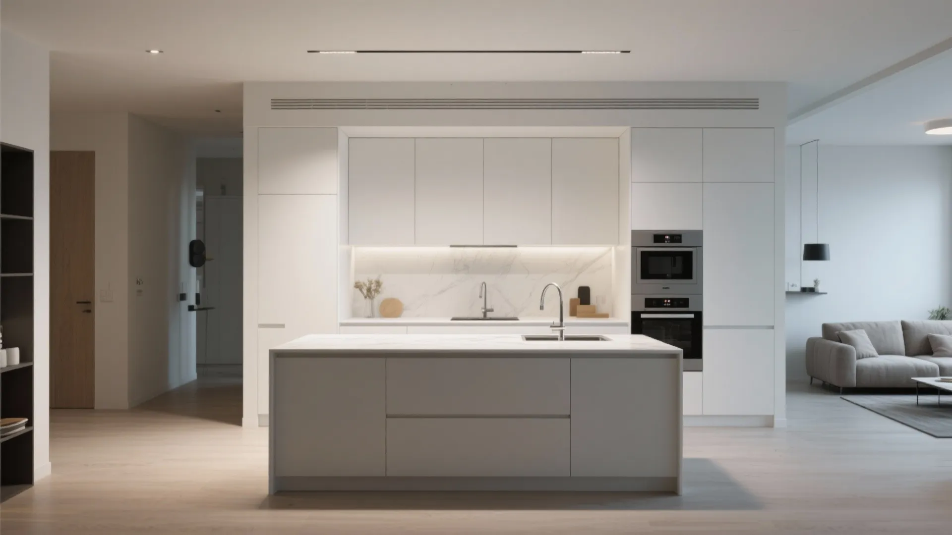 Modern white minimalist kitchen featuring island storage white cabinets integrated oven and soft neutral living room