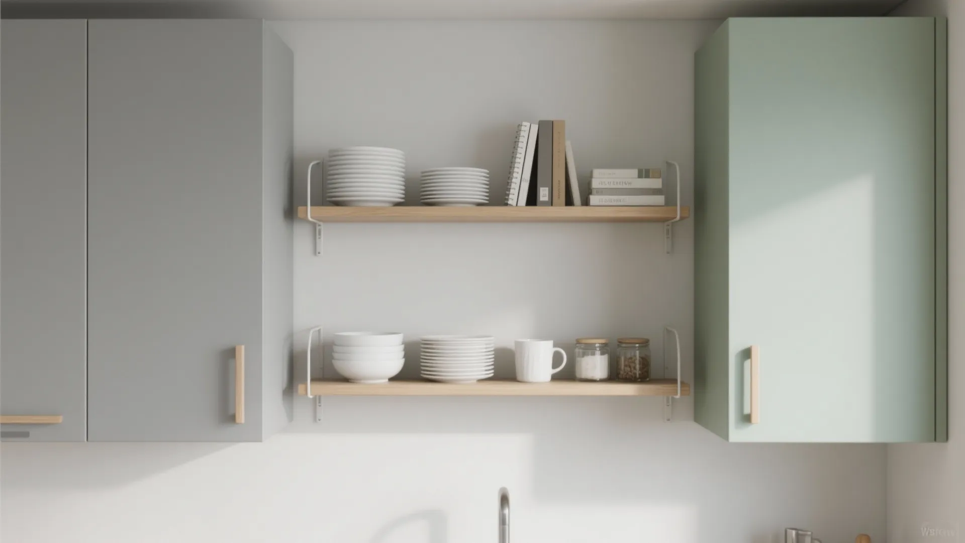 Minimalist kitchen wall shelves with white plates, bowls, mugs, and wooden cabinets in natural light
