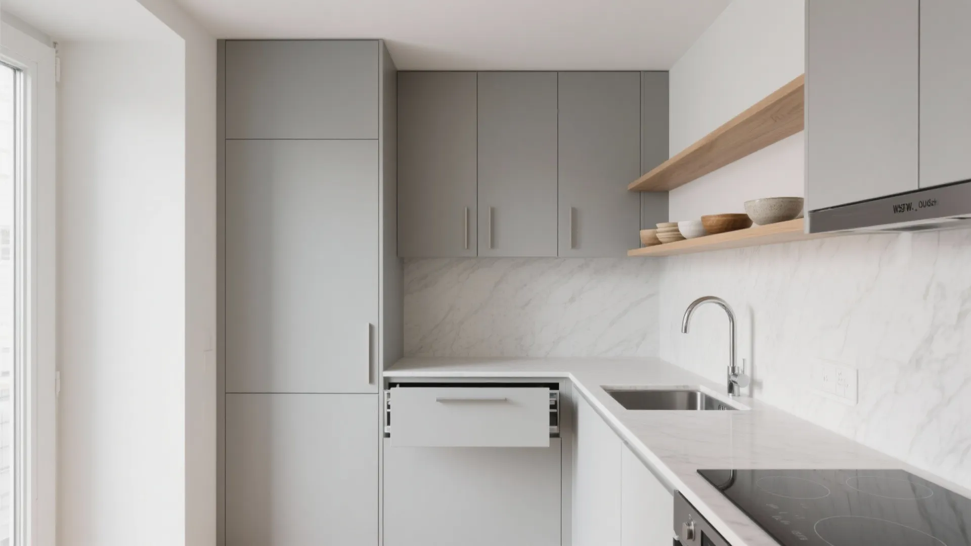 Modern grey kitchen with minimalist cabinets wood shelving marble backsplash stainless sink and integrated induction stove