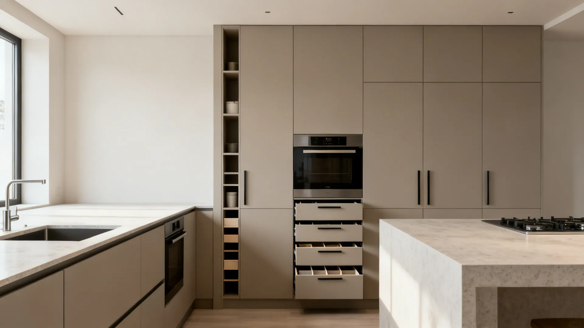 Minimalist small kitchen with open wall, full-height pantry pull-outs, and matte slab cabinets.