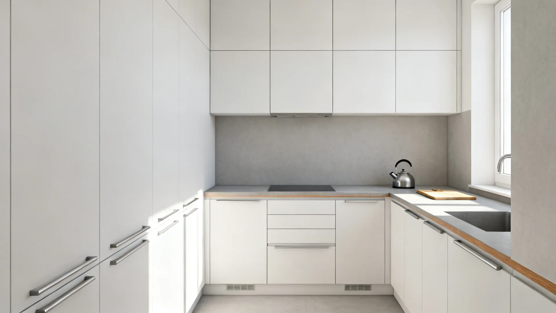 Minimalist small kitchen with handleless white slab cabinets and toe-kick drawers in soft daylight.