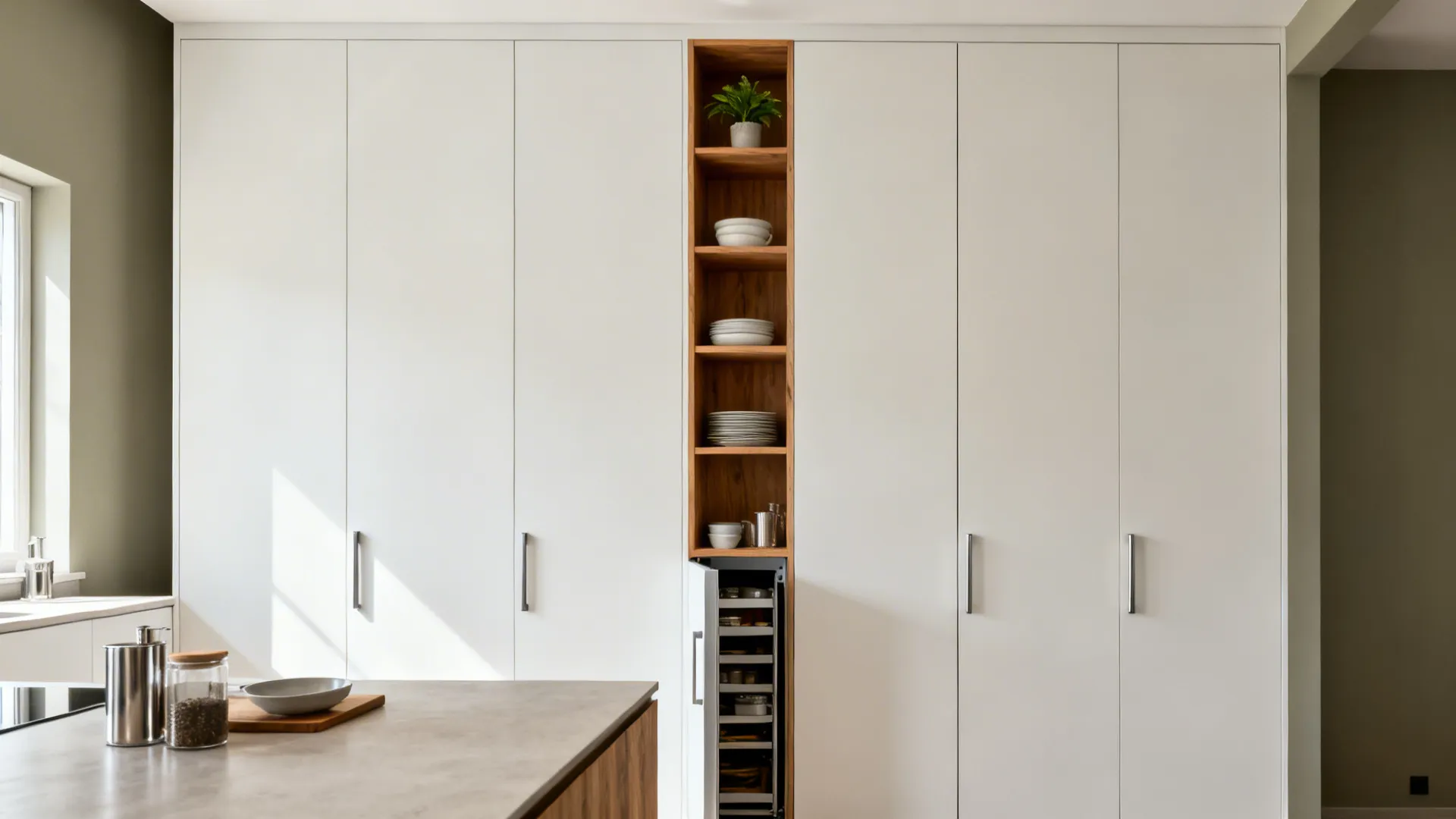 Ceiling-height white cabinets and slim oak shelves organize a compact apartment kitchen.