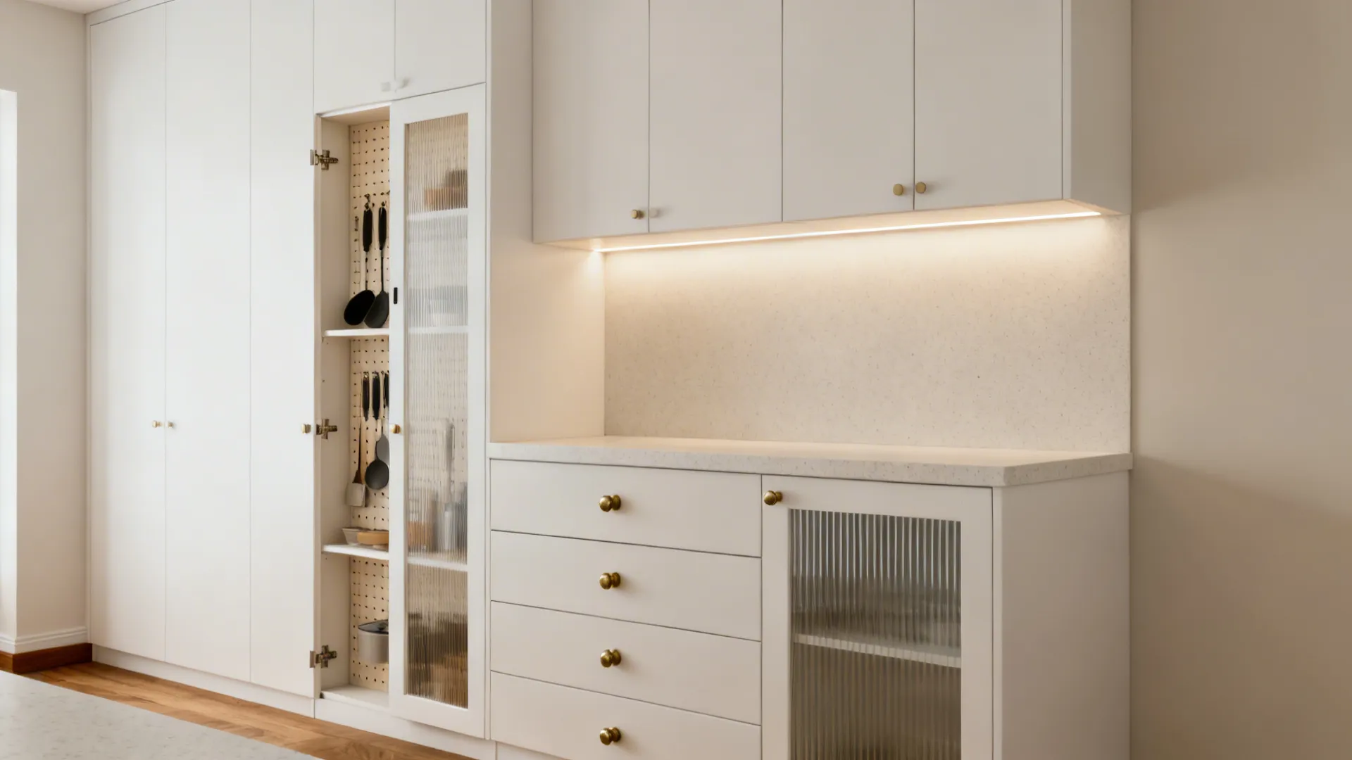 Ceiling-height minimalist white cabinets with a pegboard inside a tall pantry door.