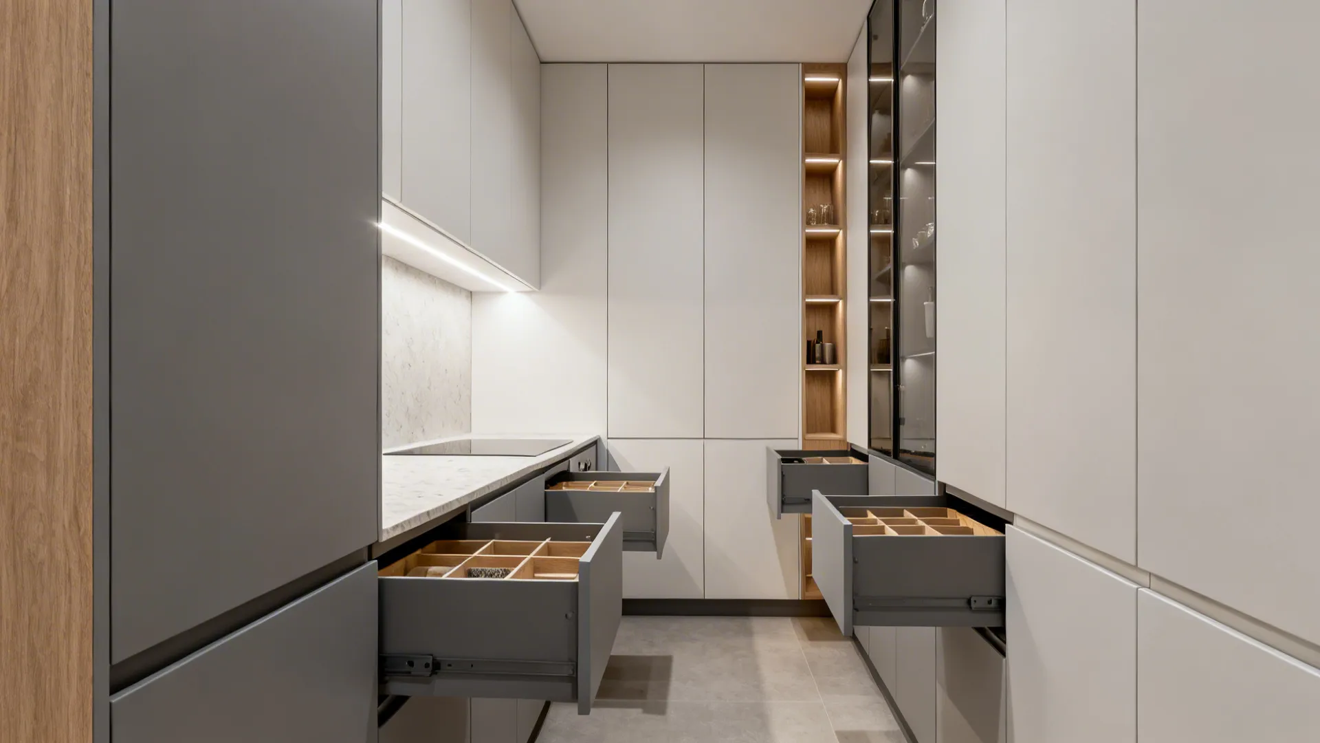 Handleless full-height cabinets and slim drawers create a clutter-free minimalist small kitchen.