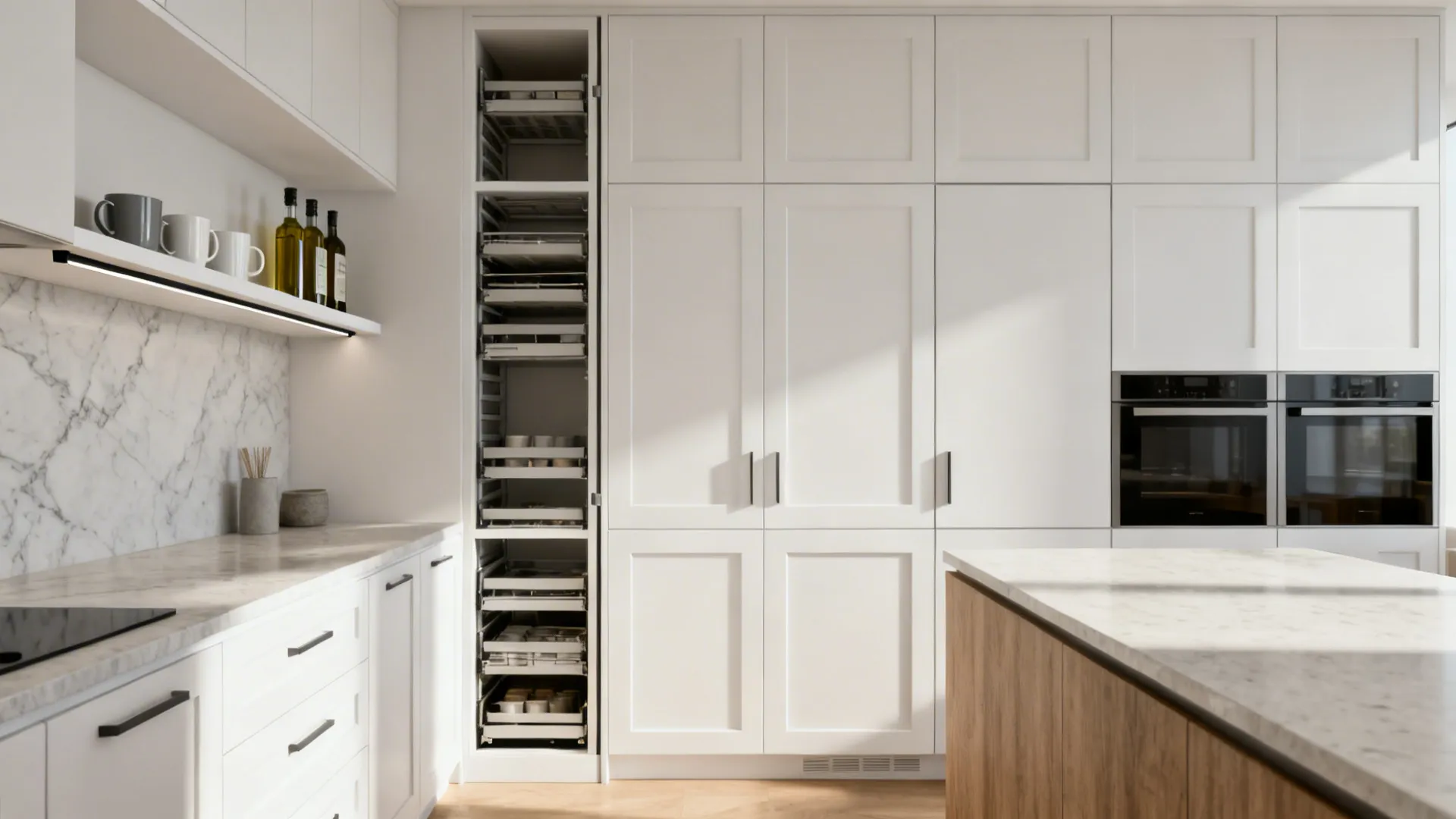 Minimalist kitchen with a slim full-height pantry, open rail shelf, and matte white slim shaker doors.