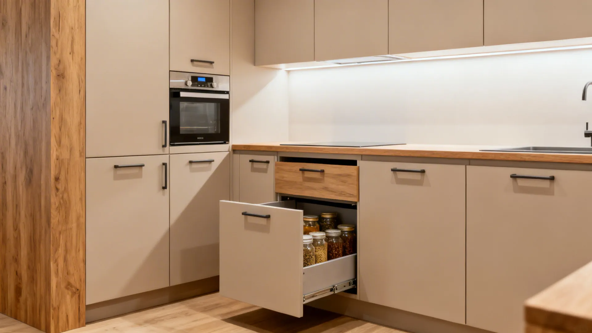 Modern beige kitchen cabinets with wooden countertop and an open drawer holding glass spice jars