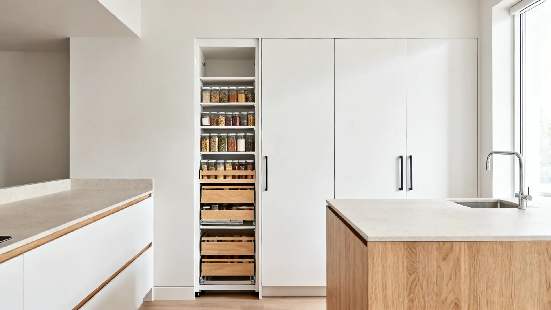Minimalist L-shaped kitchen with no uppers on one leg and a slim full-height pantry for airy storage.
