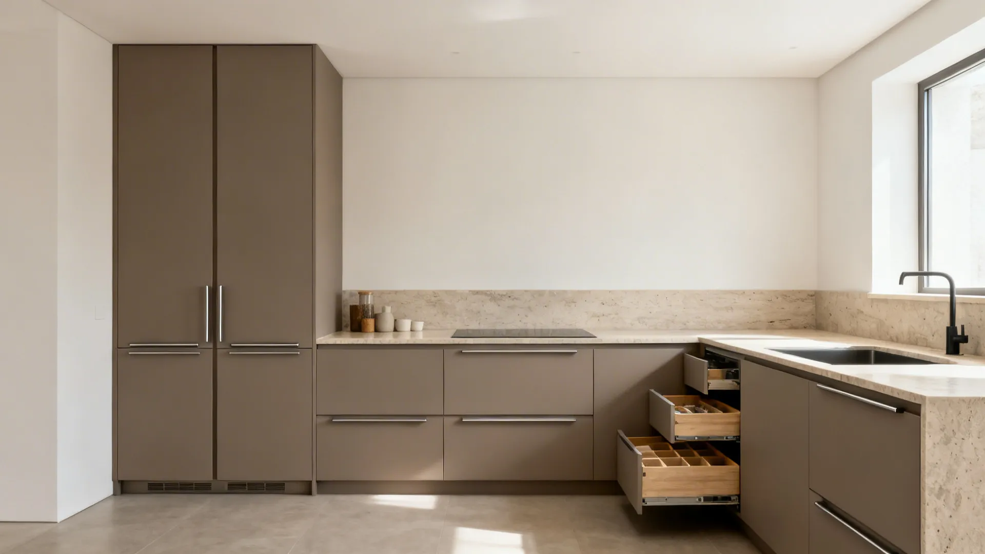 Minimalist L-shaped kitchen with tall pantry columns and handleless slab cabinets.