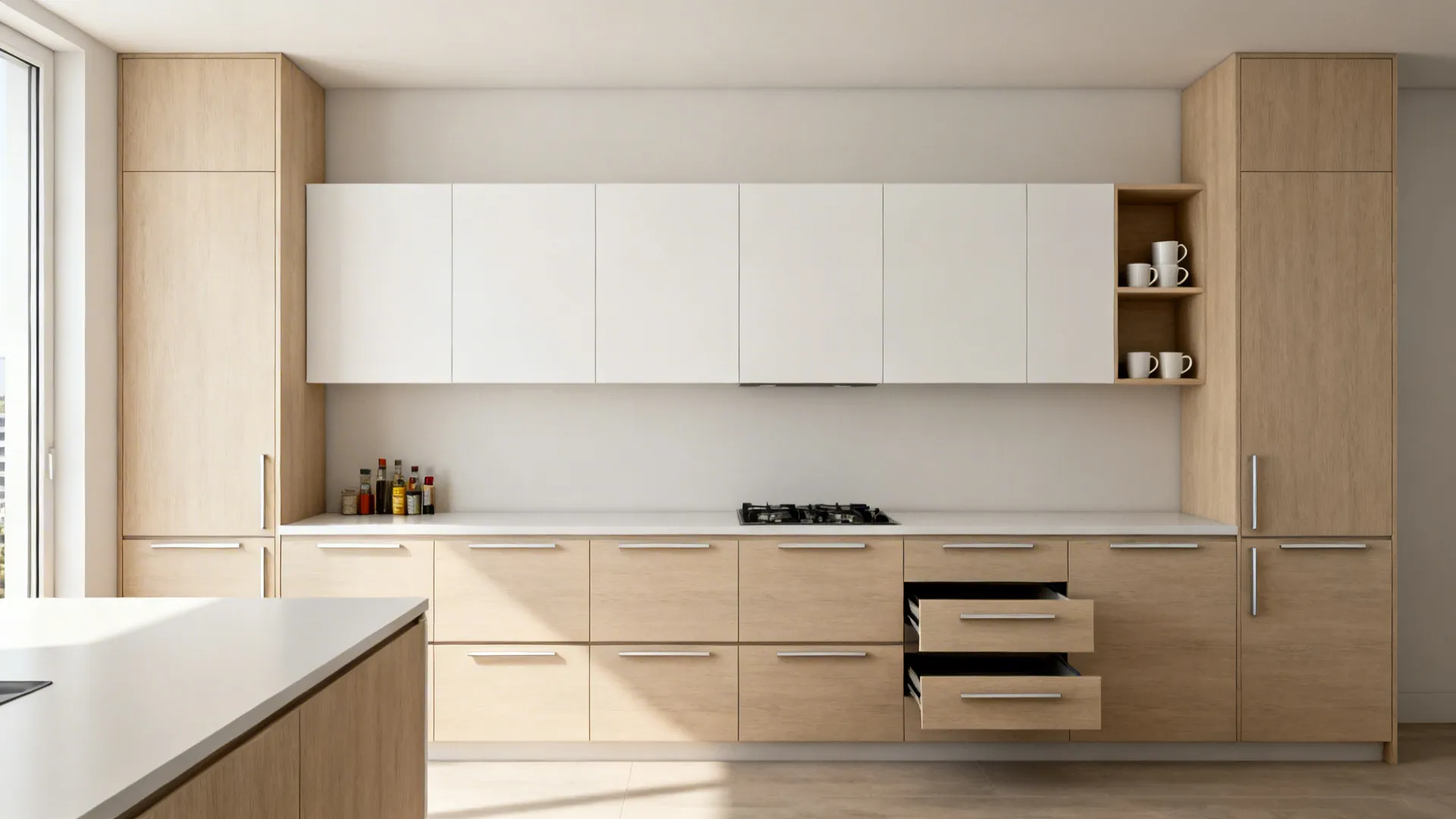 Handleless floor-to-ceiling cabinets with a single open niche in a tiny kitchen.