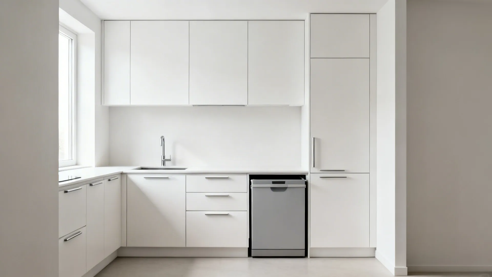 Minimalist galley kitchen with flat-panel cabinets, aligned reveals, and a full-height pantry.