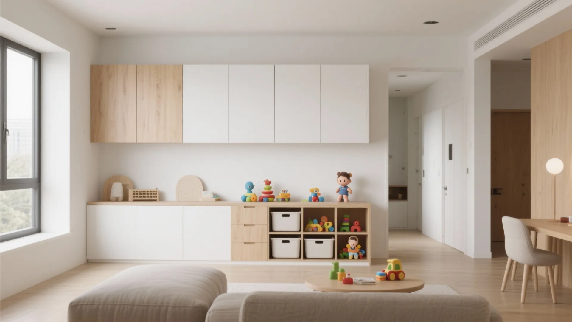 Living room with minimalist wall-mounted cabinets and hidden toy storage