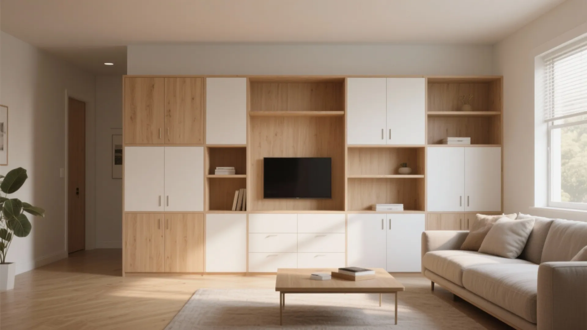 Modern living room featuring large wood and white wall cabinet with television and beige sofa