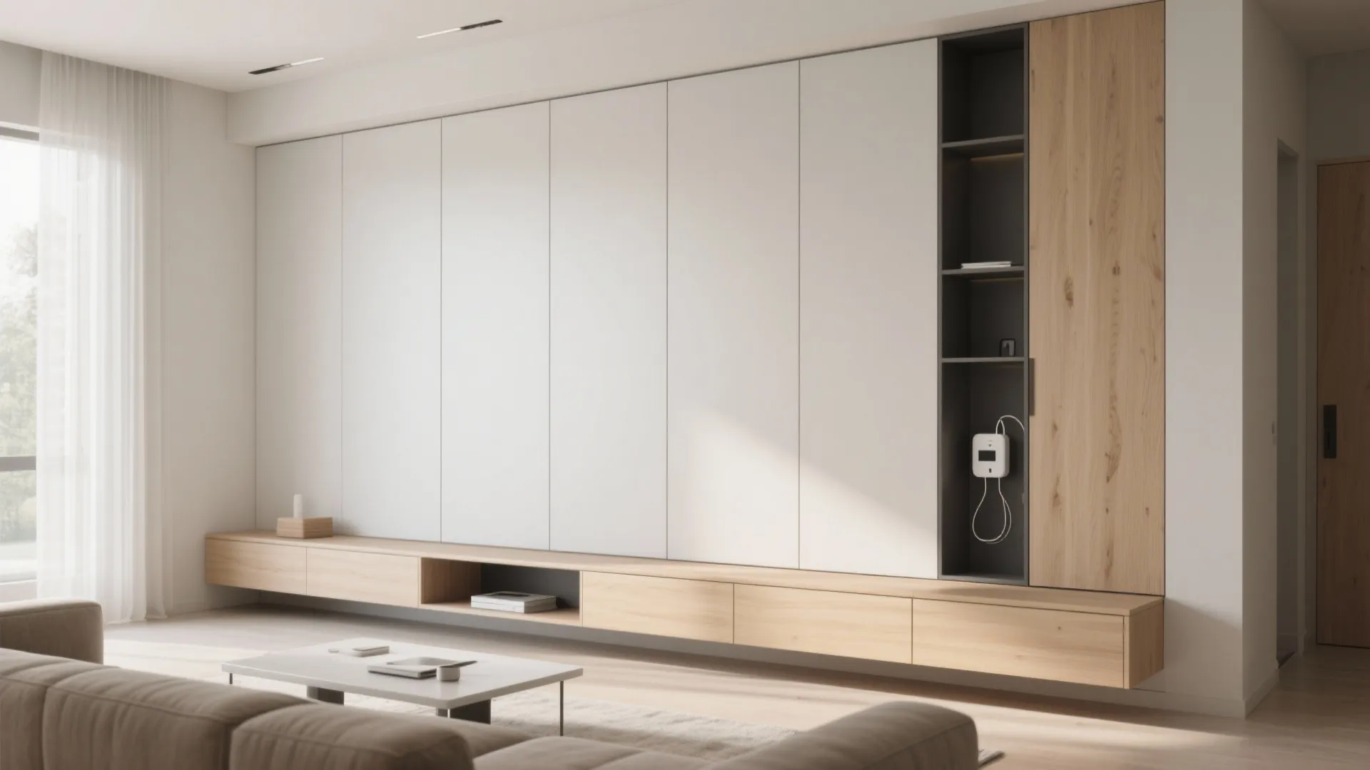 Minimalist living room featuring a large white storage wall cabinet with wooden base and sofa