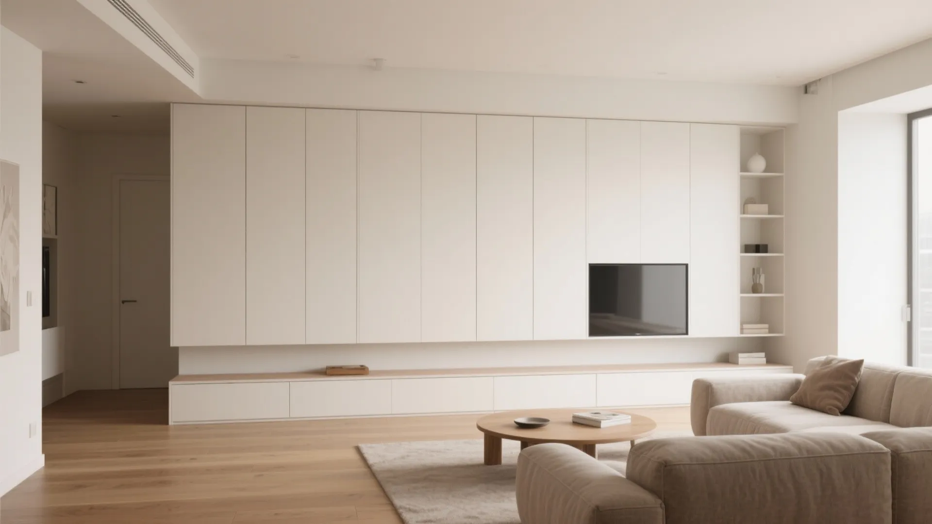 Minimalist living room showing long white wall cabinet with small television set and wood floor