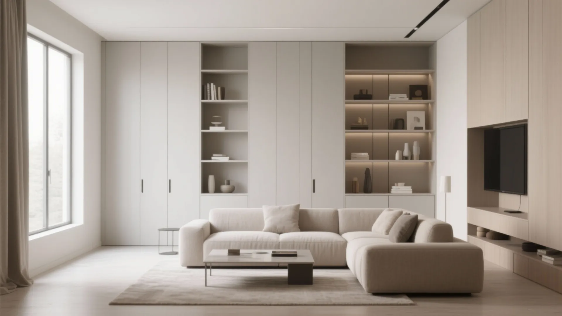 Modern cream living room with large sofa coffee table floor rug and floor to ceiling cabinet