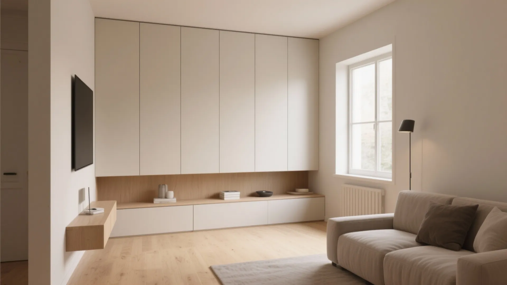 Minimalist living room featuring large white wall cabinet light wood flooring beige sofa and window
