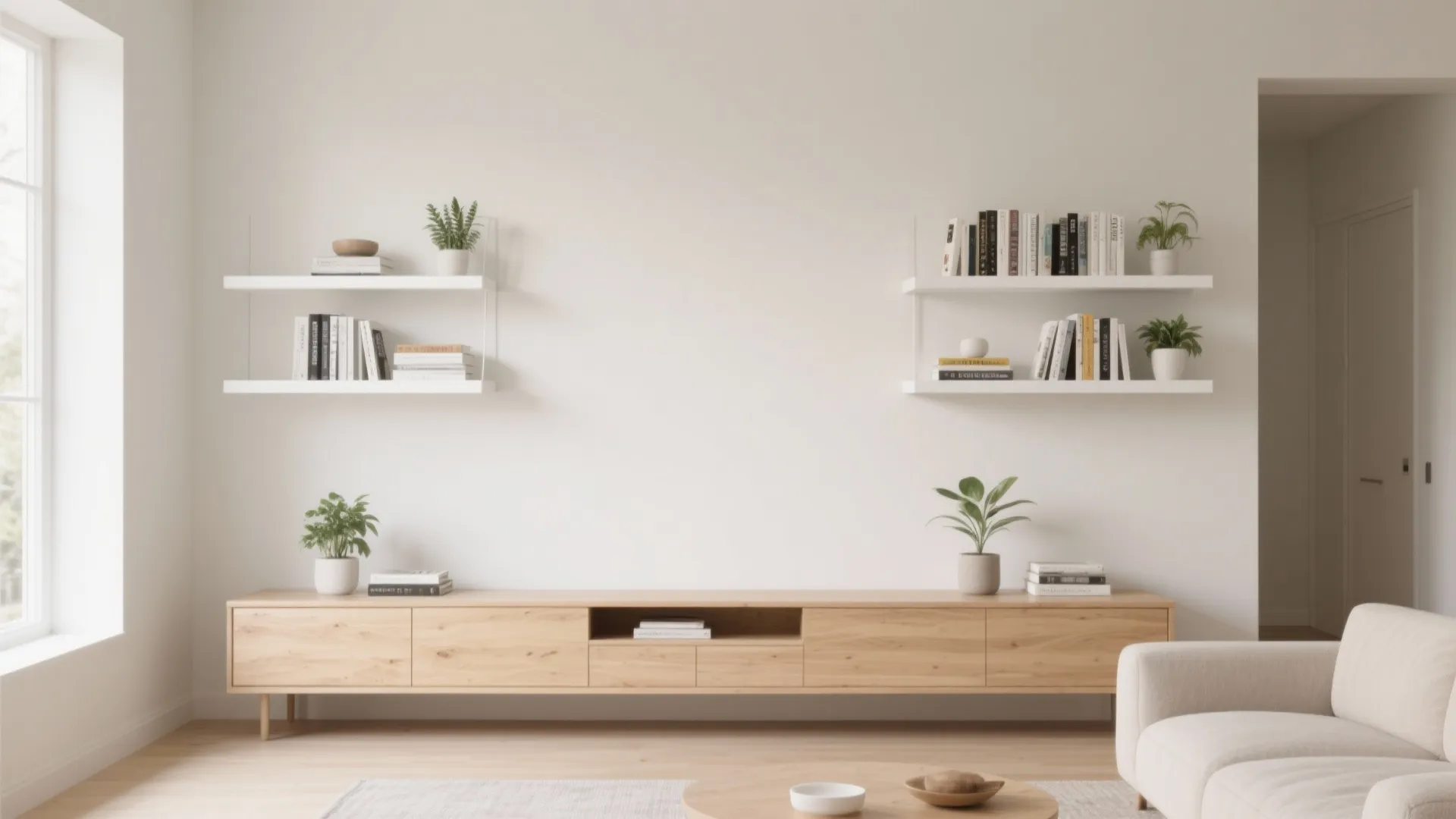 Minimalist living room with wooden cabinet white floating shelves small green plants and beige sofa