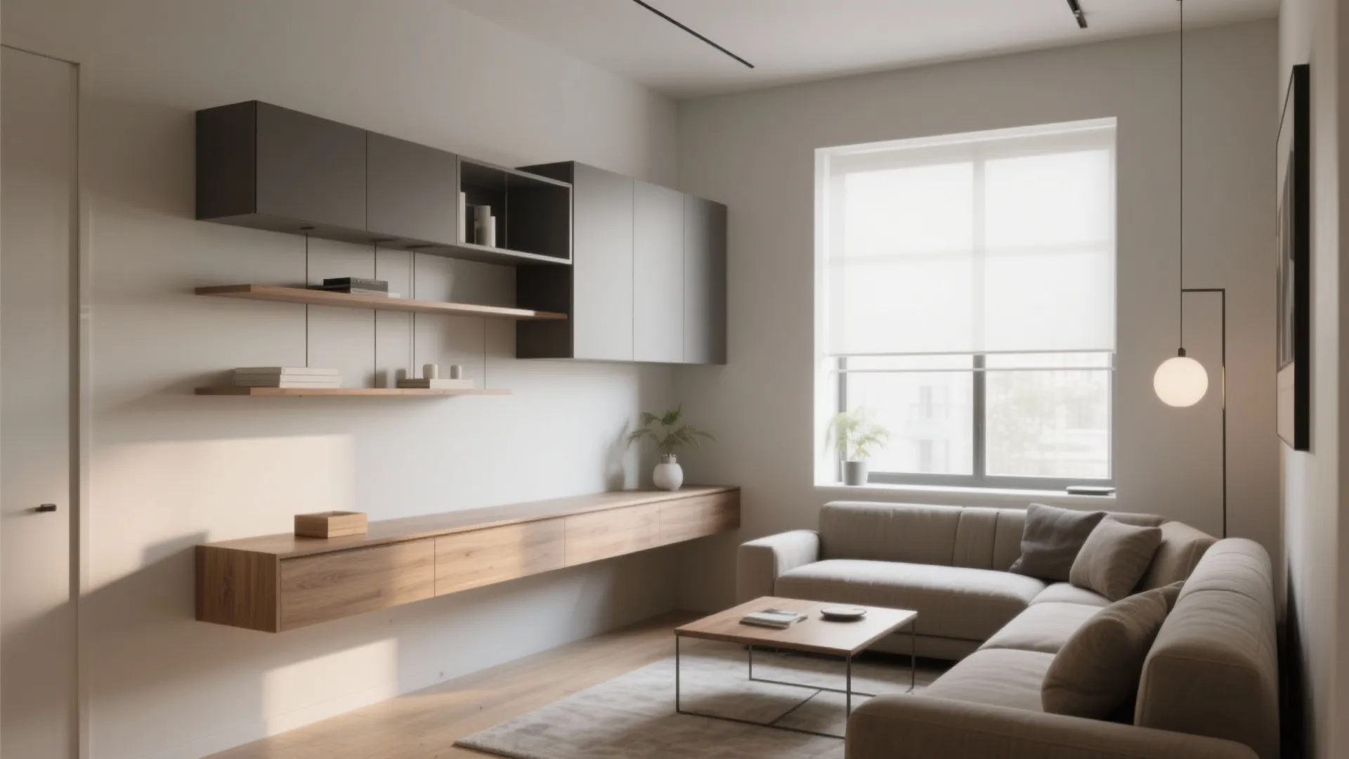 Small living room with wall-mounted storage and floating shelves