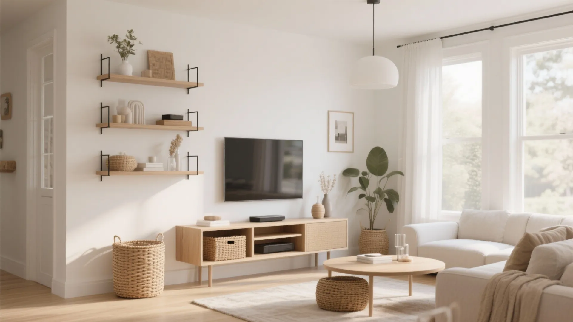 Minimalist living room featuring wooden wall shelves a television stand white sofa and woven baskets