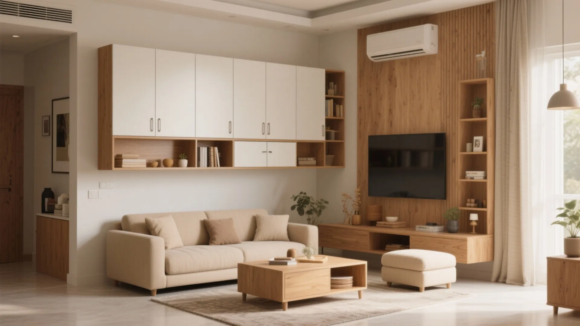 Modern living room with beige sofa wooden coffee table white cabinets and wood wall panel design