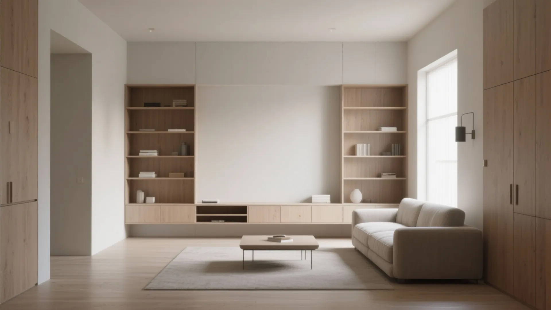 Minimalist living room with beige sofa and wooden storage cabinets plus shelves on white wall