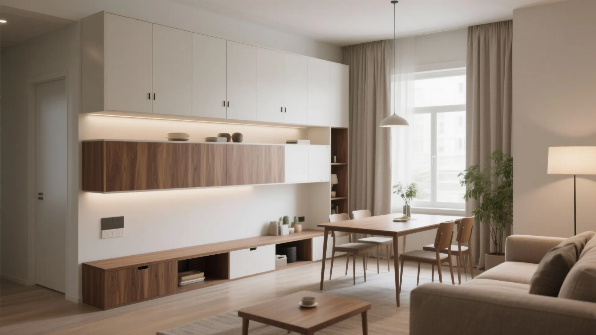Minimalist storage zoning for living–dining