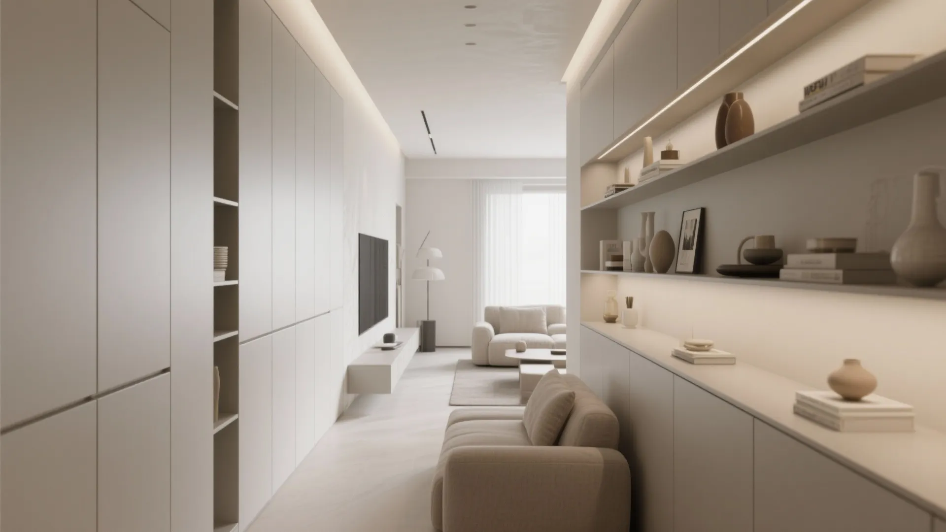 Minimalist living room with white storage cabinets wall mounted television beige sofa and hidden light strips