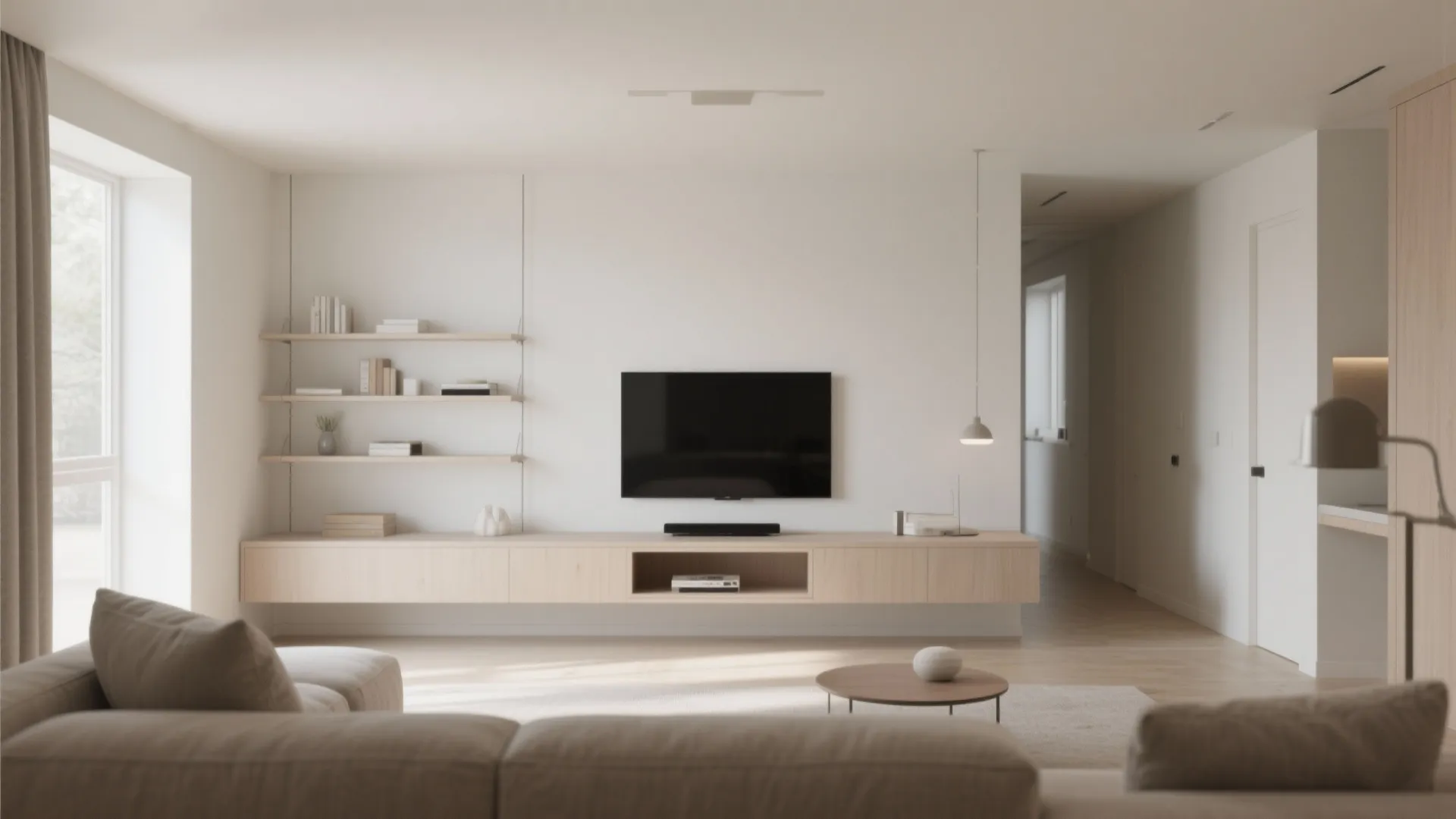 Minimalist living room with wall mounted television wooden cabinet open wall shelves and beige sofa