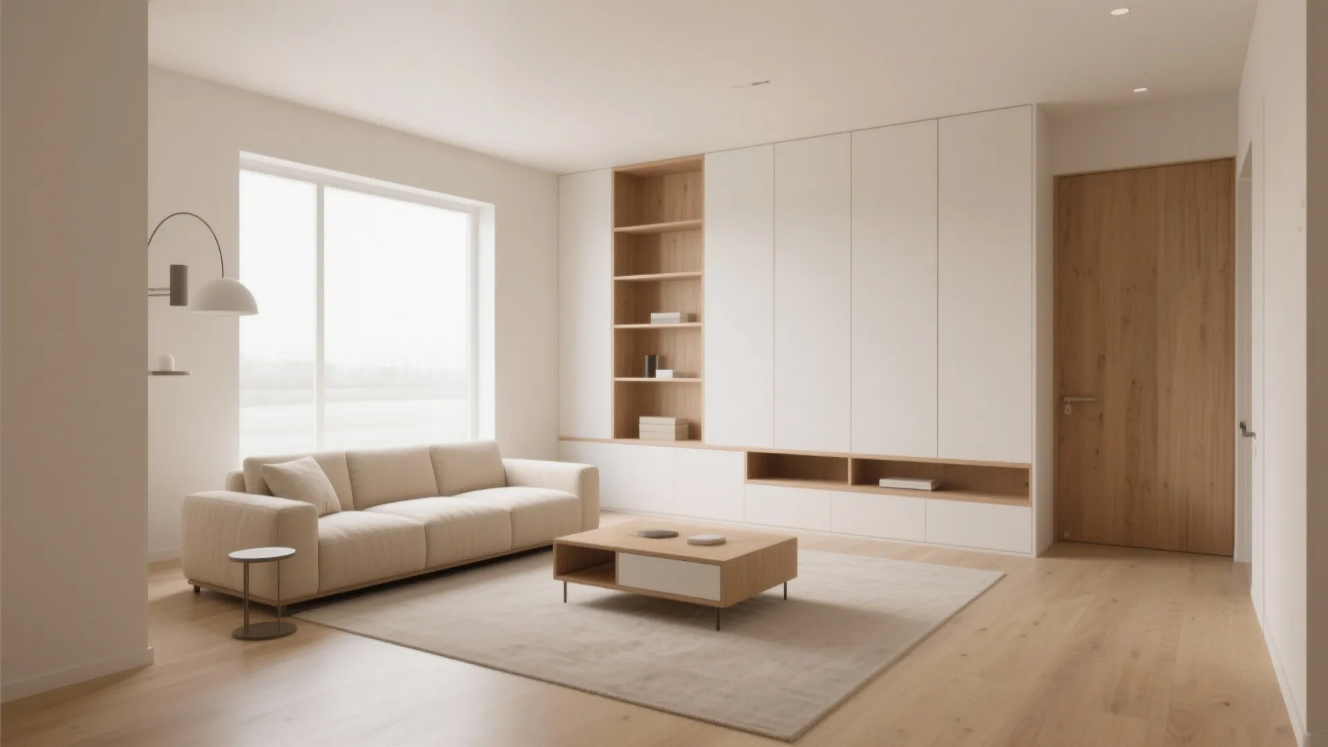 Minimalist living room with white wall cabinet storage wooden coffee table and light cream sofa