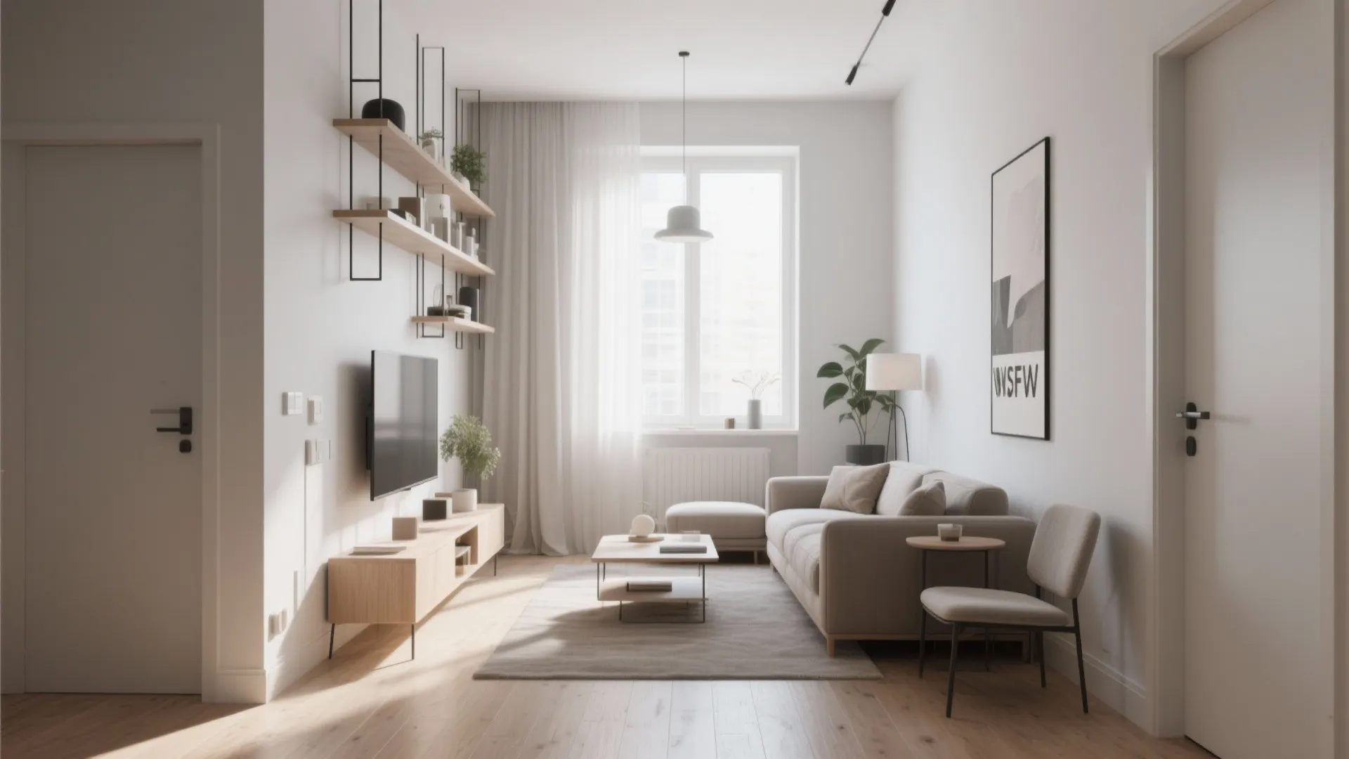 Bright living room featuring wall shelves wooden cabinet grey sofa small table and large window