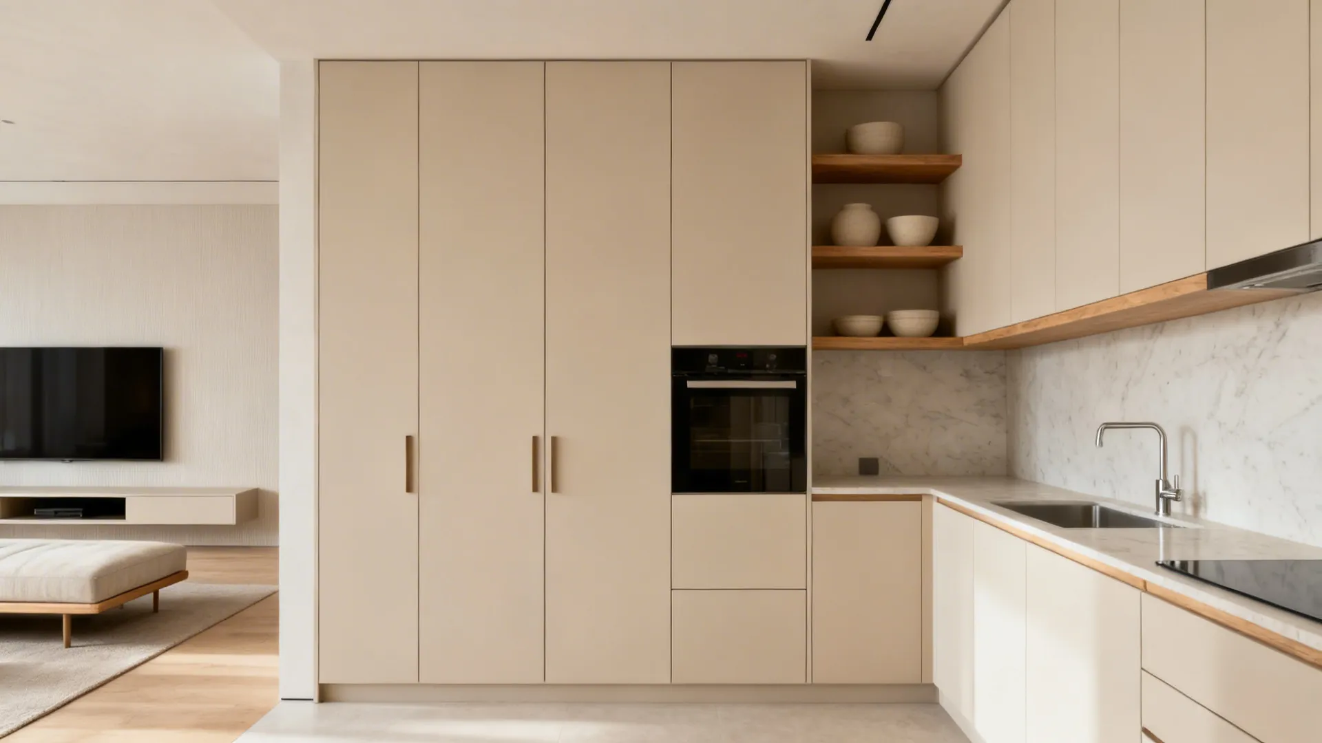 Minimalist kitchen with beige cabinets built-in oven marble backsplash and open wooden shelves holding bowls