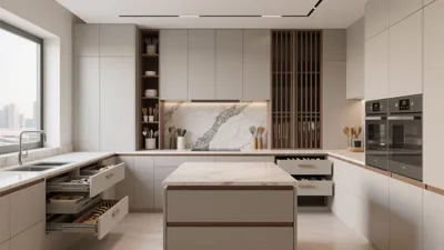 Modern L-Shaped Kitchen with Marble Countertops & Smart Storage