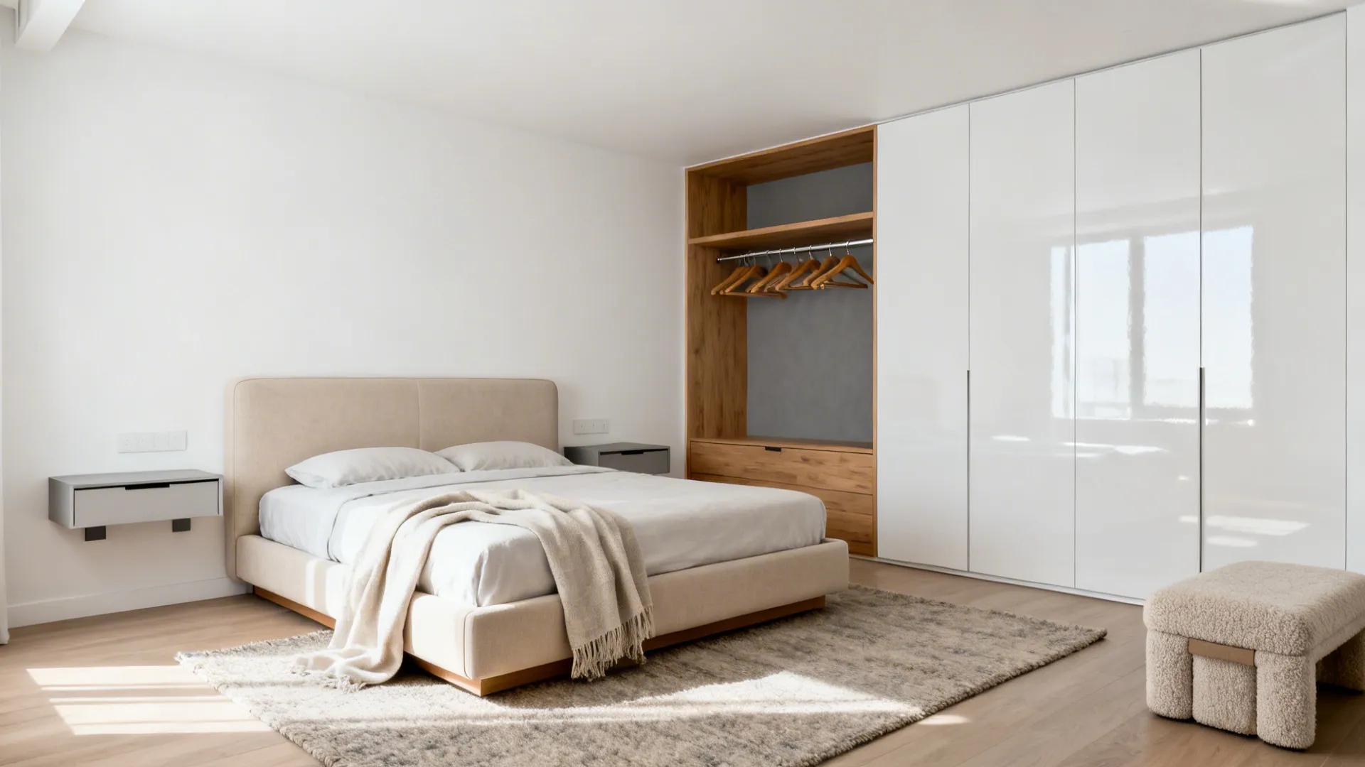 Minimalist 10x16 guest room with storage bed, floating nightstands, and an open-rail wardrobe.