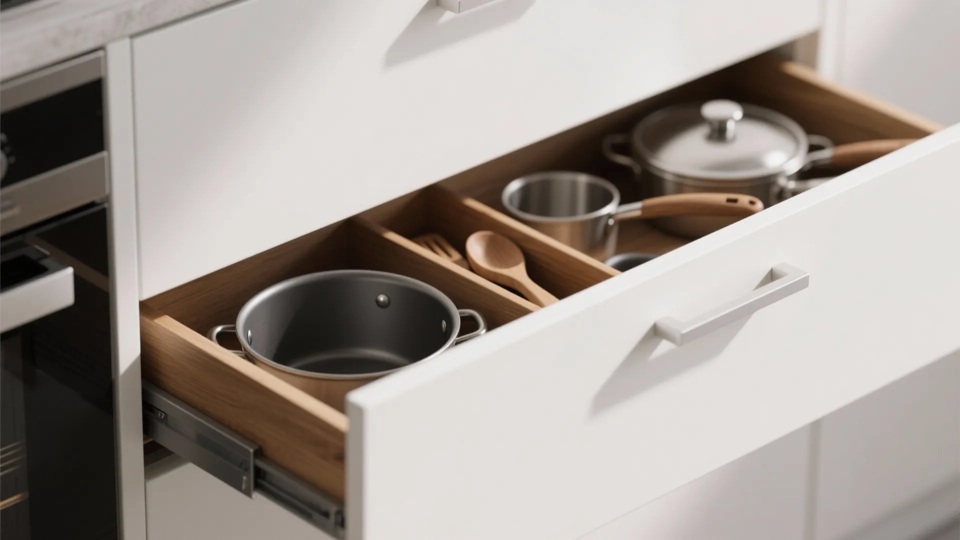 Close up view of open white kitchen cabinet drawer with wooden dividers for cooking pots