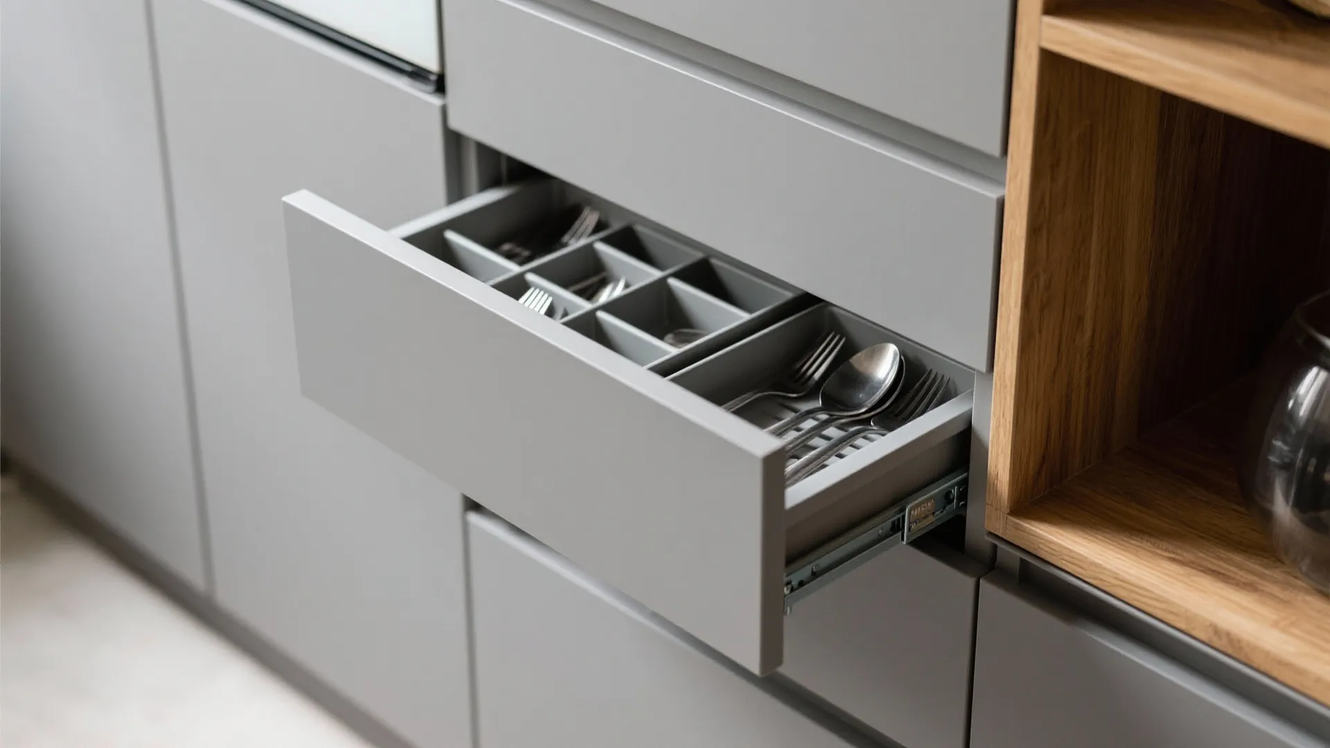 Close up view of open grey kitchen drawer with organized silver spoons and metal forks