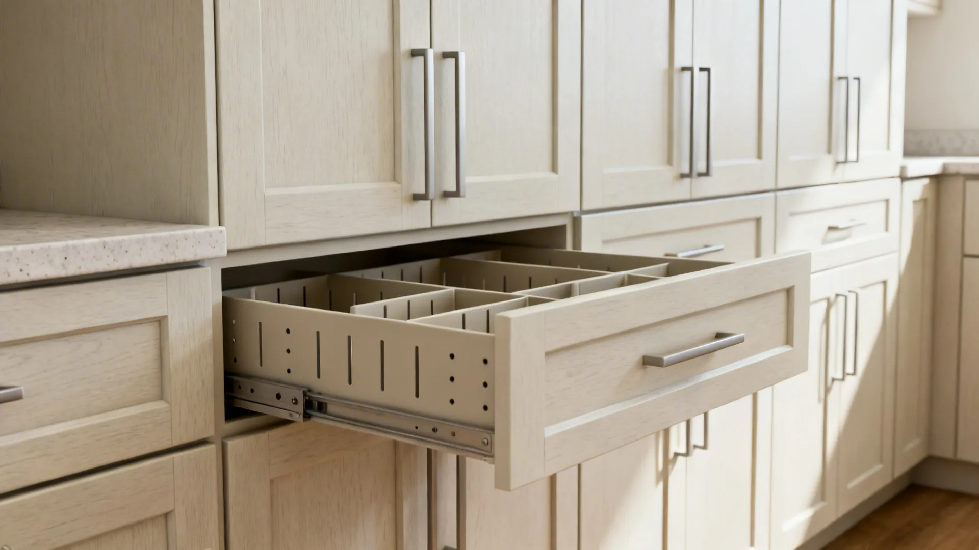 Macro view of slim shaker cabinetry with integrated rails and organized deep drawers in a compact kitchen.