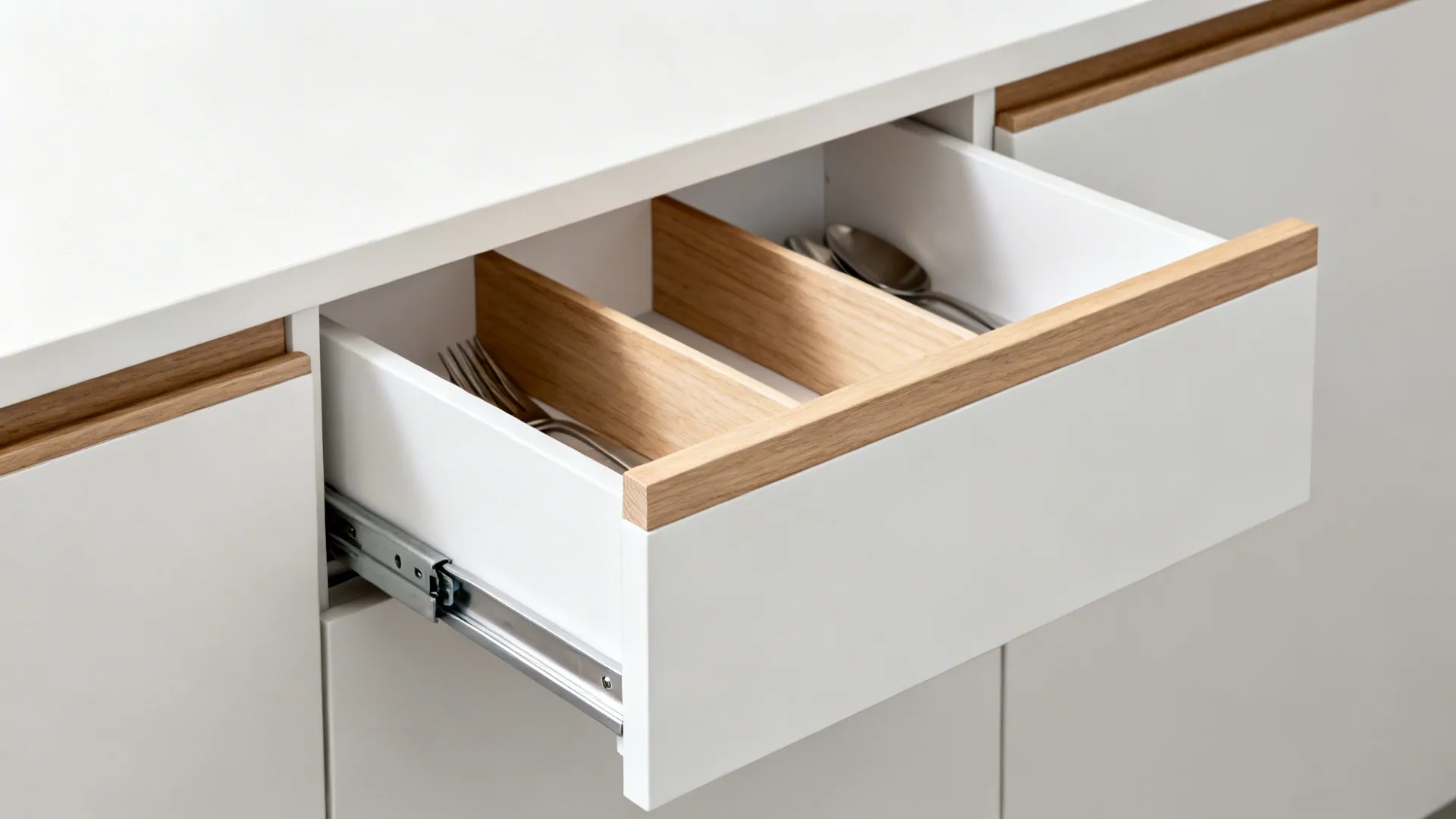 Close-up of flat-front cabinet with finger-pull and organized shallow drawer in a small kitchen.