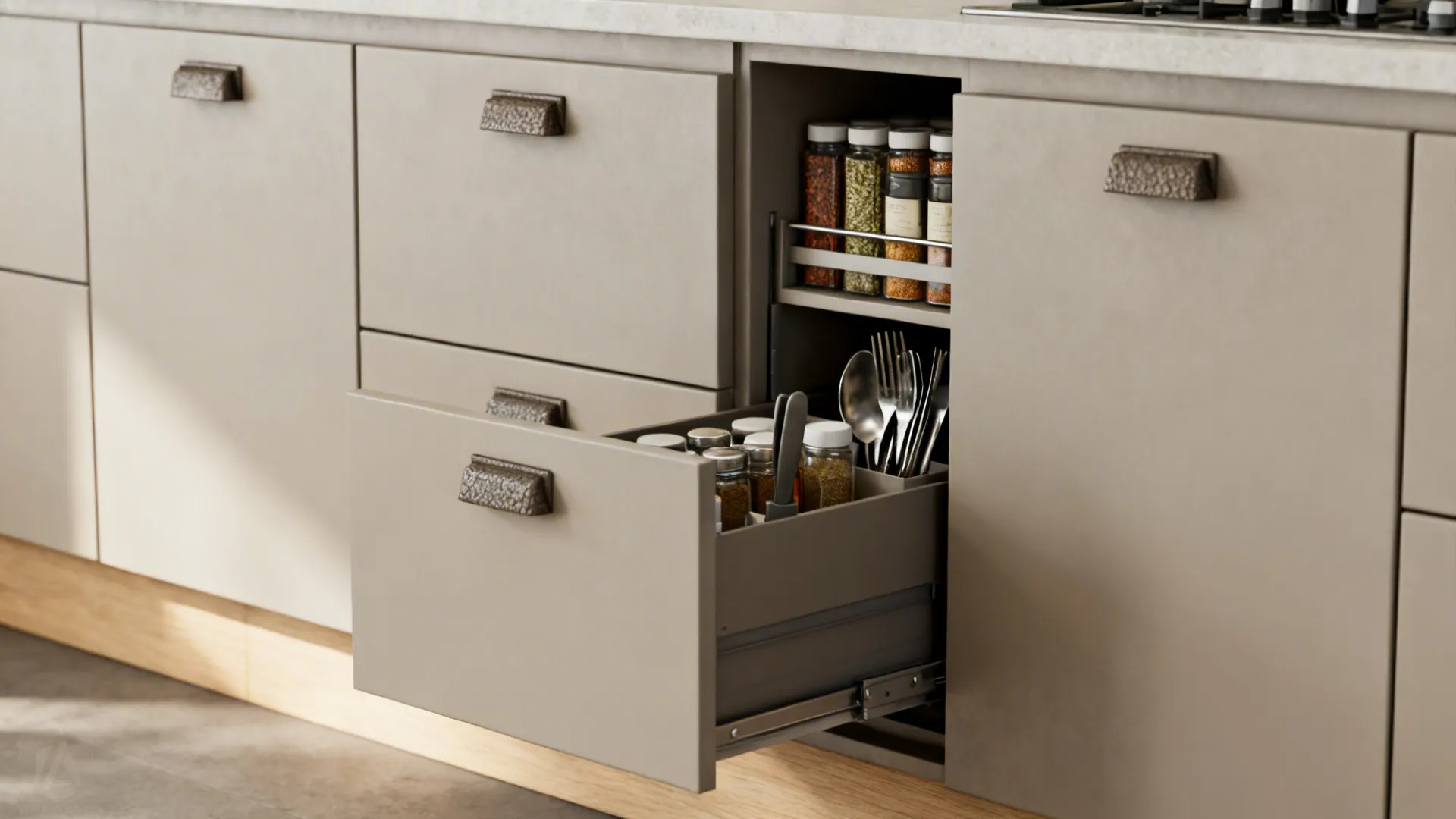 Macro of matte slab cabinets with integrated pulls and organized pull-out drawers.