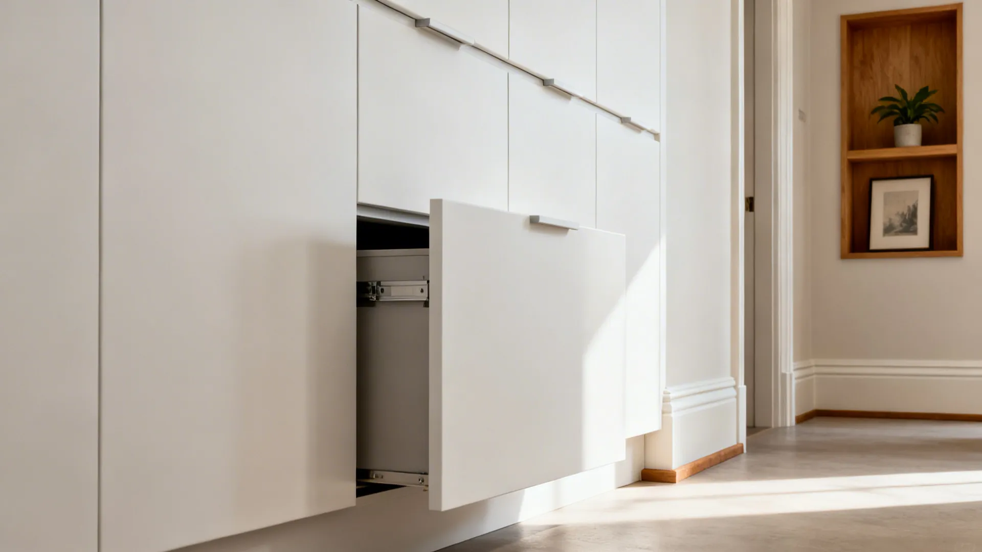 Macro view of matte white handleless kitchen cabinets aligned with hall moldings and an oak niche shelf.