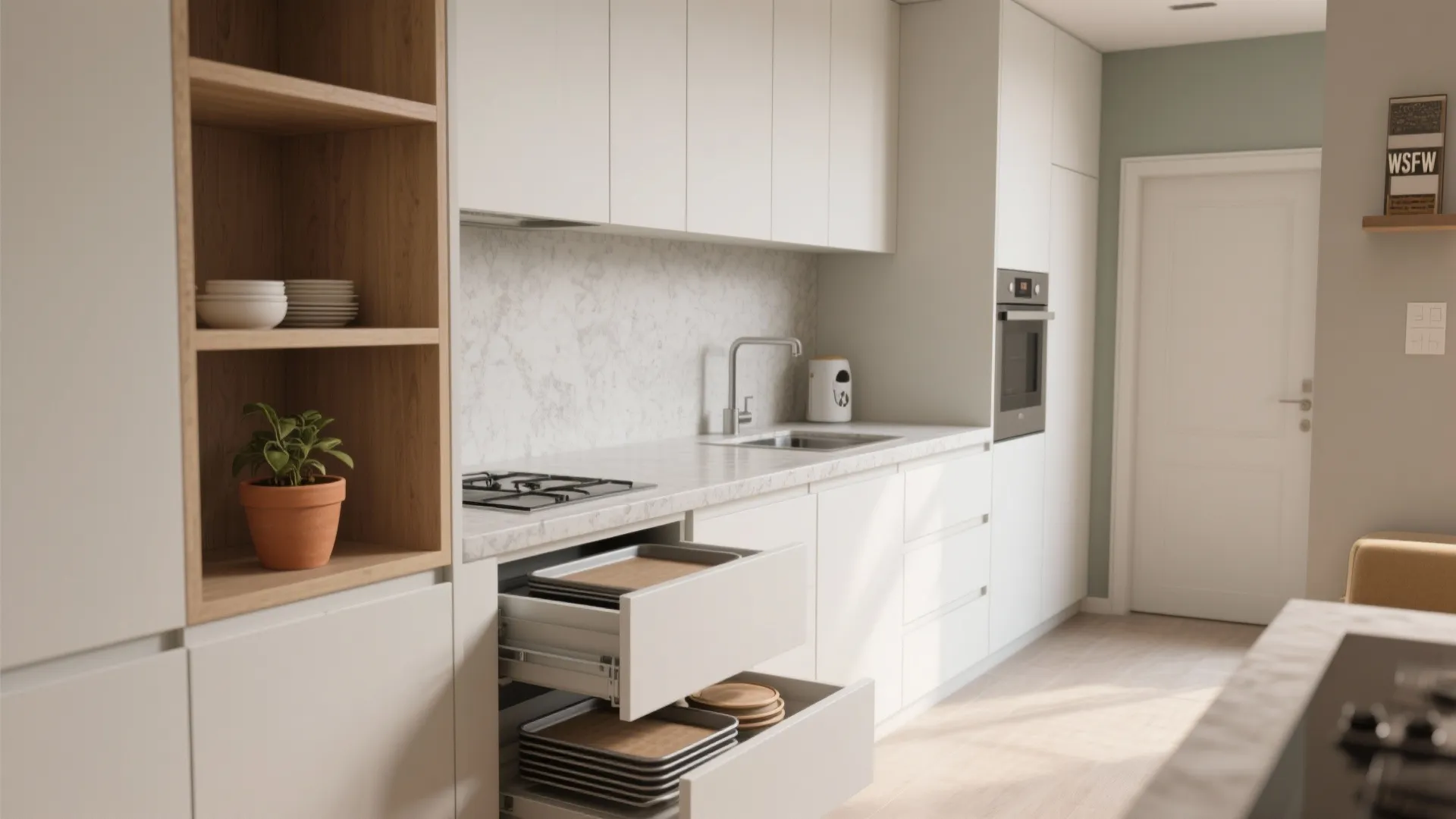 Modern white kitchen with wooden shelves and open storage drawers holding trays and kitchen plates