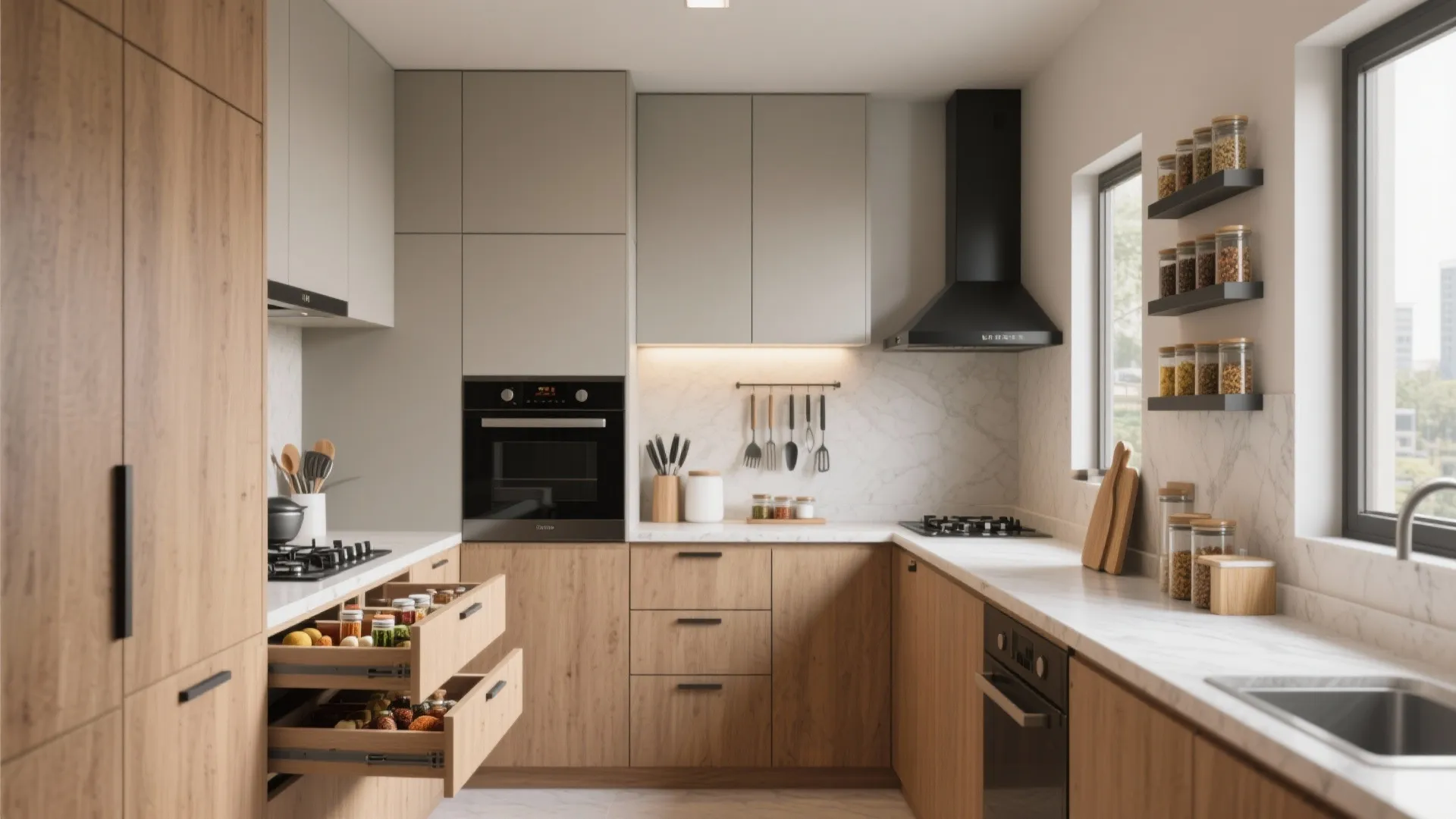 Modern kitchen with wood cabinets light grey upper units open drawers for smart storage solutions