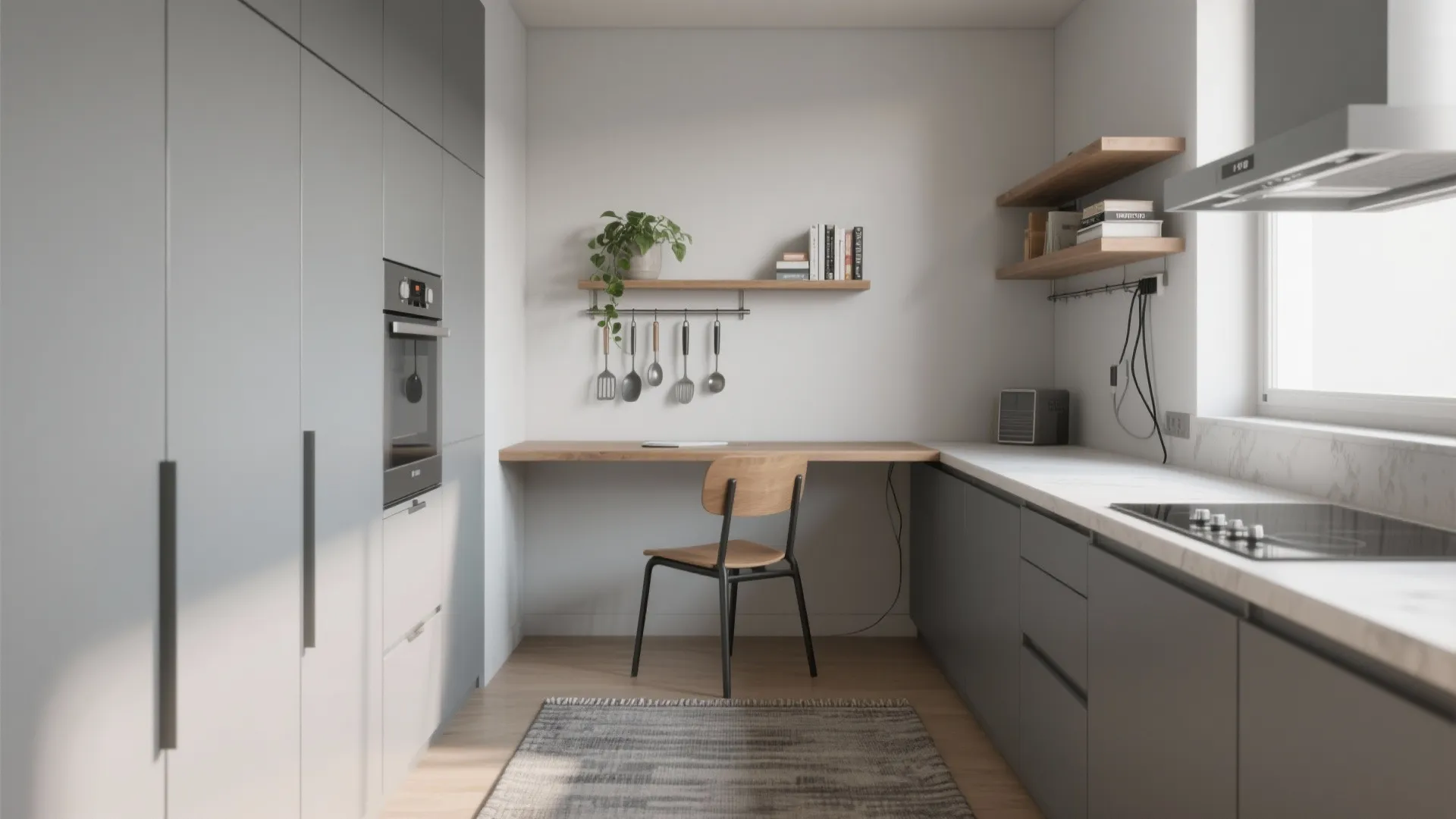 Minimalist Kitchen Storage Near a Quiet Coding Nook