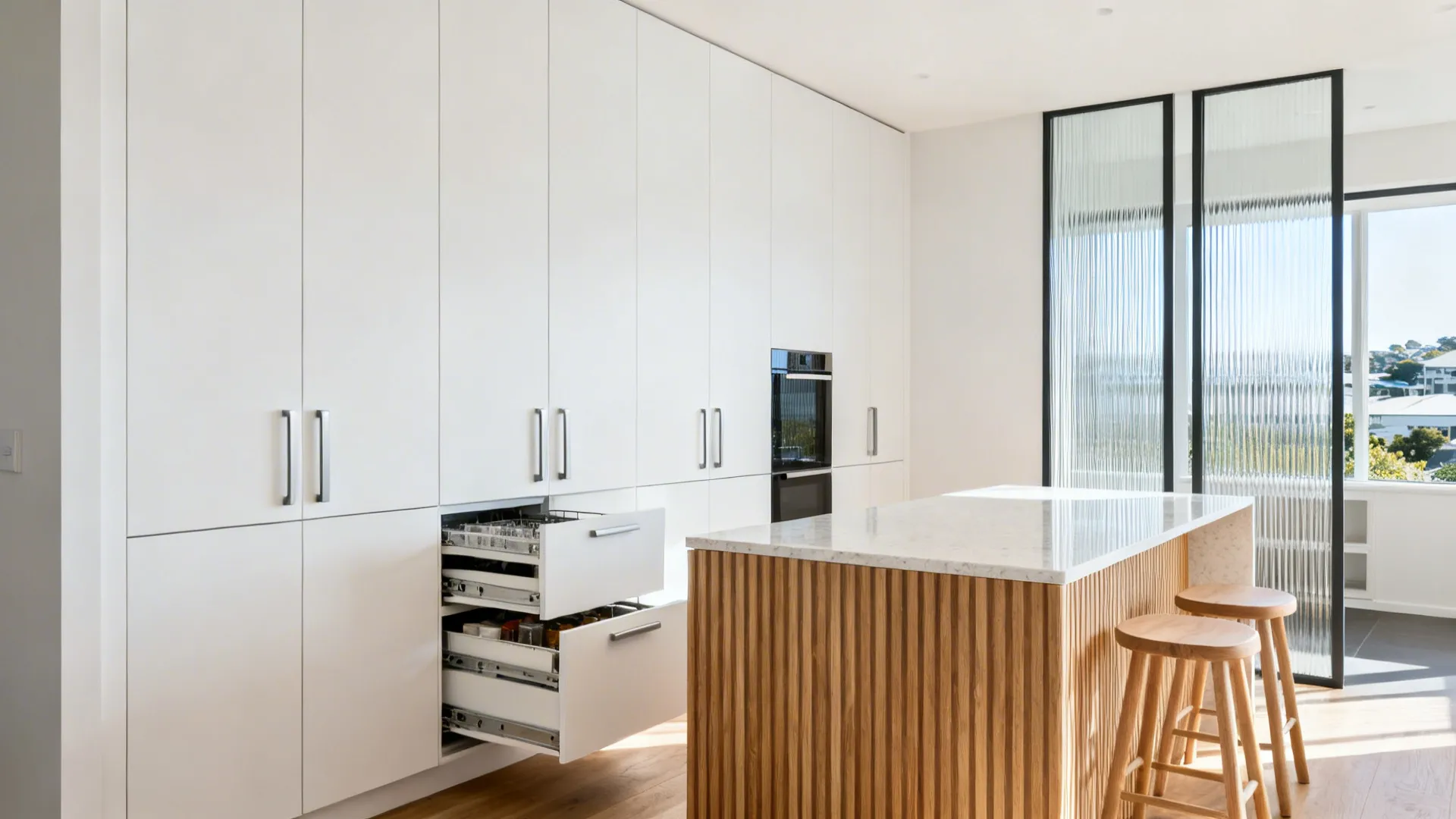 Modern white kitchen with large white cabinets, open drawers, wooden island, bar stools, and sunlight